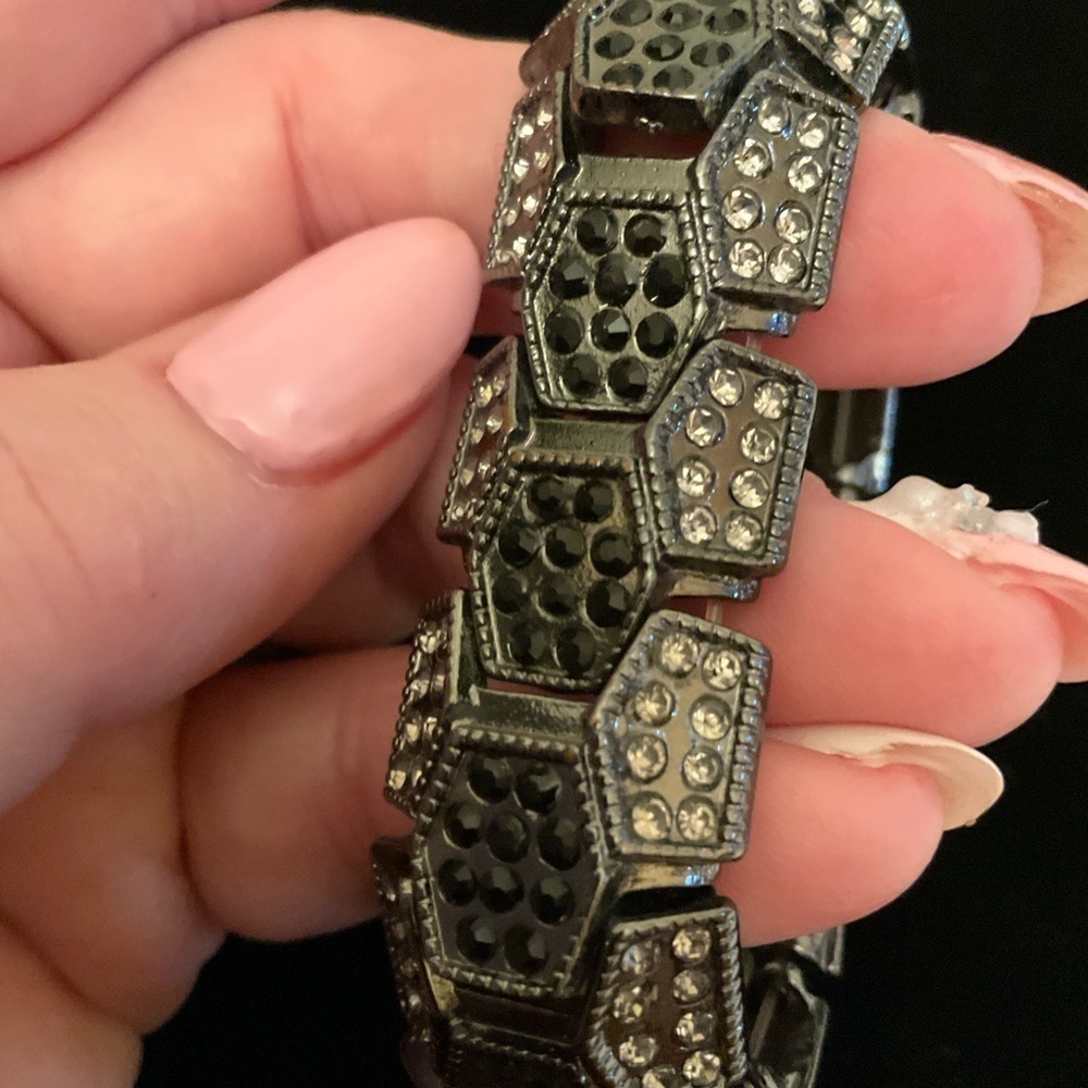Stretch Black Bangle Hematite & Clear crystal Pave Geometric Statement Bracelet - Picture 3 of 9